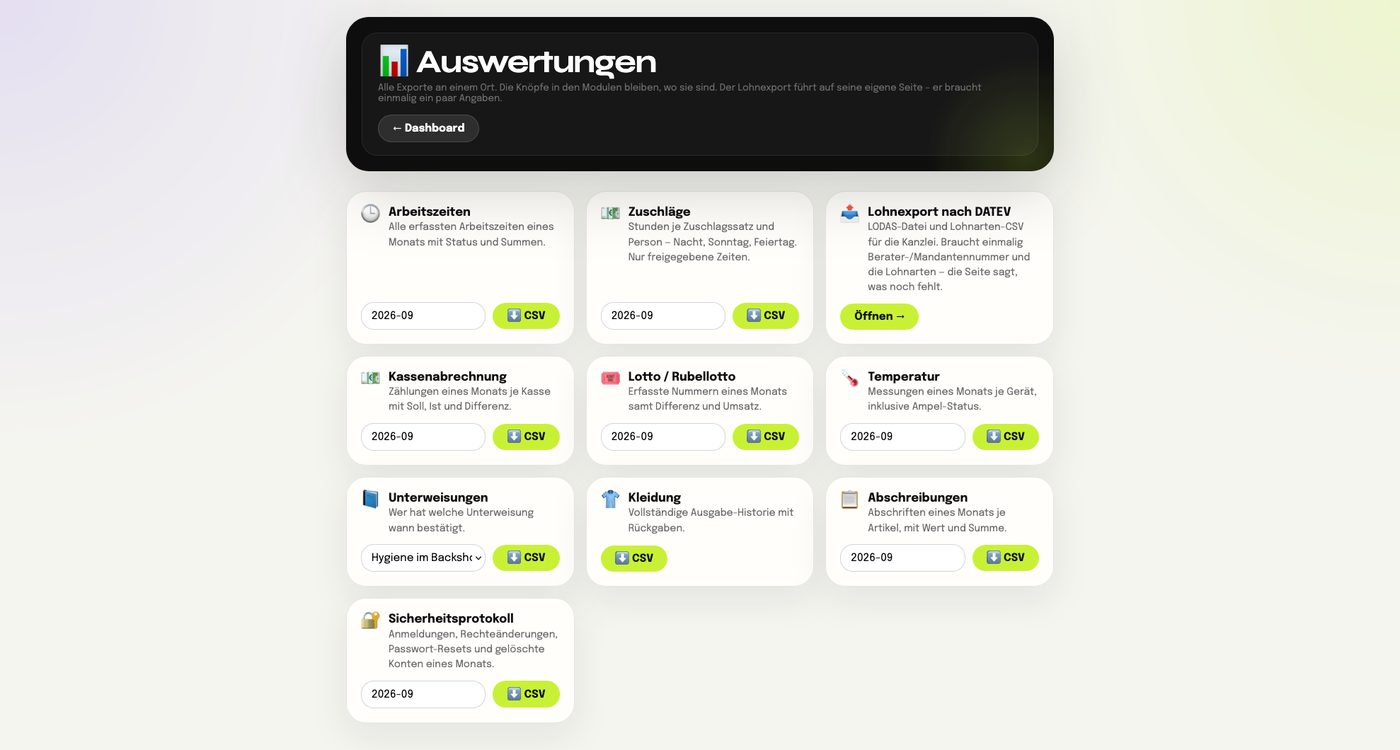 Auswertungen in Schichtly: CSV-Exporte für Arbeitszeiten, Zuschläge, Lohnexport nach DATEV, Kassenabrechnung, Lotto, Temperatur, Unterweisungen und Abschreibungen