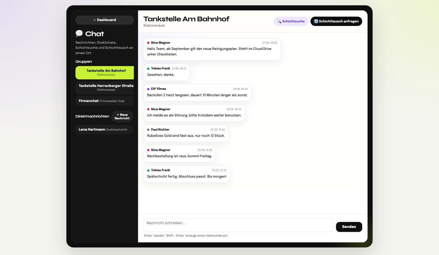 Chat in Schichtly: Stationsraum mit Nachrichten des Teams, Schichtsuche und Schichttausch